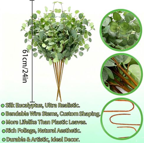 NASAMA 7 PCS Artificial Eucalyptus Stems Greenery Stems 24" Tall Orange and red Two Colors Leaves in Autumn Fake Plants Decor Faux Floral Stems for Vase Home Party Wedding Decorations (7PCS Green) in Saudi Arabia