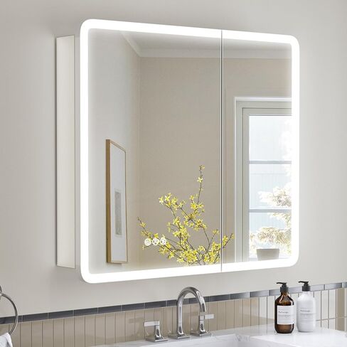 خزانة طبية مضاءة مقاس 30 × 32 من TIFULLHOME مع مرآة، إطار من خليط معدني دائري، 2 منافذ + 1 USB + 1 نوع C، توصيل أو سلك صلب، راحة/سطح، 3 ألوان/خافتة للضوء/مستشعر داخلي/مزيل الضباب، 2 رف in Kuwait