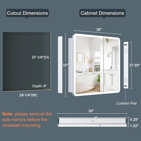 خزانة طبية مضاءة مقاس 30 × 32 من TIFULLHOME مع مرآة، إطار من خليط معدني دائري، 2 منافذ + 1 USB + 1 نوع C، توصيل أو سلك صلب، راحة/سطح، 3 ألوان/خافتة للضوء/مستشعر داخلي/مزيل الضباب، 2 رف in Kuwait