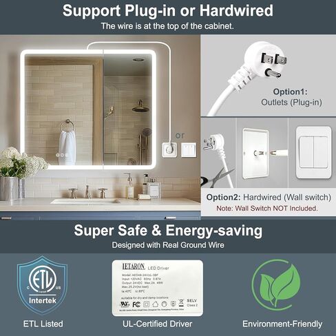 خزانة طبية مضاءة مقاس 30 × 32 من TIFULLHOME مع مرآة، إطار من خليط معدني دائري، 2 منافذ + 1 USB + 1 نوع C، توصيل أو سلك صلب، راحة/سطح، 3 ألوان/خافتة للضوء/مستشعر داخلي/مزيل الضباب، 2 رف in Kuwait