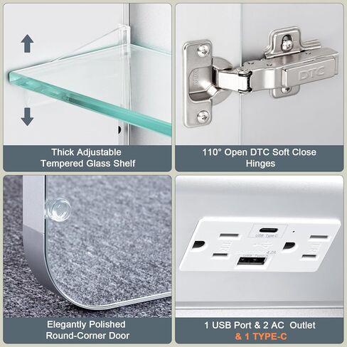 خزانة طبية مضاءة مقاس 30 × 32 من TIFULLHOME مع مرآة، إطار من خليط معدني دائري، 2 منافذ + 1 USB + 1 نوع C، توصيل أو سلك صلب، راحة/سطح، 3 ألوان/خافتة للضوء/مستشعر داخلي/مزيل الضباب، 2 رف in Kuwait