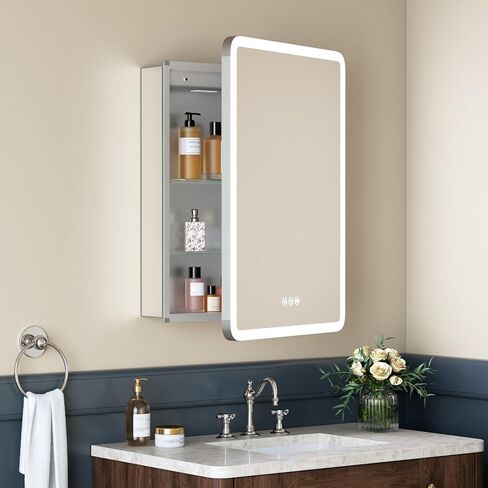 خزانة طبية مضاءة مقاس 30 × 32 من TIFULLHOME مع مرآة، إطار من خليط معدني دائري، 2 منافذ + 1 USB + 1 نوع C، توصيل أو سلك صلب، راحة/سطح، 3 ألوان/خافتة للضوء/مستشعر داخلي/مزيل الضباب، 2 رف in Kuwait