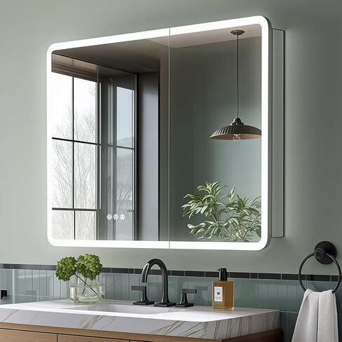خزانة طبية مضاءة مقاس 30 × 32 من TIFULLHOME مع مرآة، إطار من خليط معدني دائري، 2 منافذ + 1 USB + 1 نوع C، توصيل أو سلك صلب، راحة/سطح، 3 ألوان/خافتة للضوء/مستشعر داخلي/مزيل الضباب، 2 رف in Kuwait