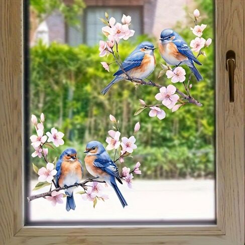 Floral Bird Window Stickers - 2 Songbirds on Blossom Branch Static Decal | Removable Spring Decor for Home Windows (Blue-Orange Bird Set)​ in Saudi Arabia