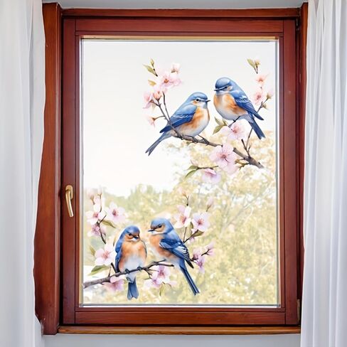 Floral Bird Window Stickers - 2 Songbirds on Blossom Branch Static Decal | Removable Spring Decor for Home Windows (Blue-Orange Bird Set)​ in Saudi Arabia