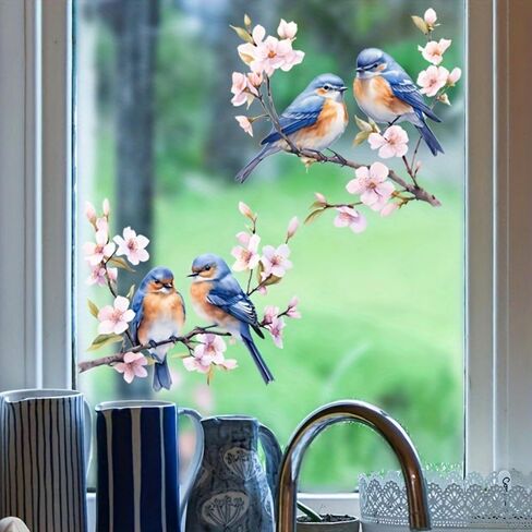 Floral Bird Window Stickers - 2 Songbirds on Blossom Branch Static Decal | Removable Spring Decor for Home Windows (Blue-Orange Bird Set)​ in Saudi Arabia
