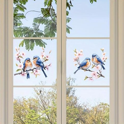 Floral Bird Window Stickers - 2 Songbirds on Blossom Branch Static Decal | Removable Spring Decor for Home Windows (Blue-Orange Bird Set)​ in Saudi Arabia