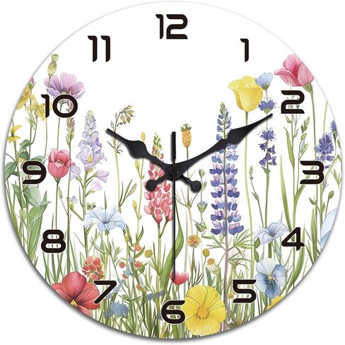 peacoblue Wall Clocks Battery Operated 12 Inch Wildflowers Glass Round Wall Clock Non Ticking for Kitchen Living Room Dining Room Bedroom and Bathroom Decor Accessories (Battery not Included) in Saudi Arabia