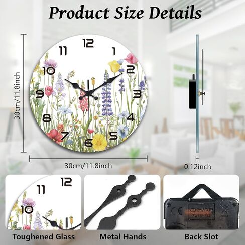 peacoblue Wall Clocks Battery Operated 12 Inch Wildflowers Glass Round Wall Clock Non Ticking for Kitchen Living Room Dining Room Bedroom and Bathroom Decor Accessories (Battery not Included) in Saudi Arabia