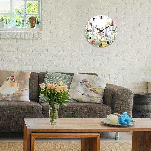 peacoblue Wall Clocks Battery Operated 12 Inch Wildflowers Glass Round Wall Clock Non Ticking for Kitchen Living Room Dining Room Bedroom and Bathroom Decor Accessories (Battery not Included) in Saudi Arabia