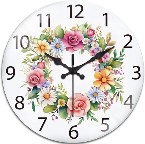peacoblue Wall Clocks Battery Operated 12 Inch Wildflowers Glass Round Wall Clock Non Ticking for Kitchen Living Room Dining Room Bedroom and Bathroom Decor Accessories (Battery not Included) in Saudi Arabia
