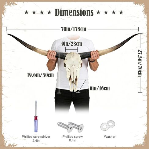 Longhorn Skull Wall Decor, 70 Inch Cow Skull Wall Sculpture with Realistic Detailing, Faux Taxidermy Bull Head Mount for Rustic Farmhouse, Western Style Living Room and Office Wall Hanging Art in Saudi Arabia