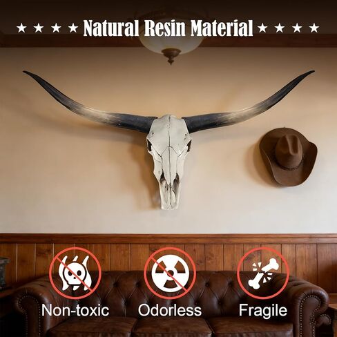 Longhorn Skull Wall Decor, 70 Inch Cow Skull Wall Sculpture with Realistic Detailing, Faux Taxidermy Bull Head Mount for Rustic Farmhouse, Western Style Living Room and Office Wall Hanging Art in Saudi Arabia