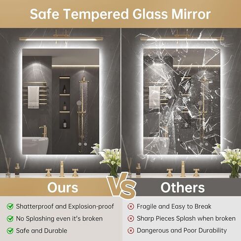 مرآة حمام بإضاءة خلفية مقاس 22 بوصة × 30 بوصة من LOVESPEJO، مرآة حمام مضاءة مع أضواء، بدون ضباب، قابلة للتعتيم، 3 ألوان متغيرة، مقاومة للكسر، أفقية/عمودية (بدون مستشعر حركة) in Kuwait
