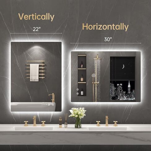 مرآة حمام بإضاءة خلفية مقاس 22 بوصة × 30 بوصة من LOVESPEJO، مرآة حمام مضاءة مع أضواء، بدون ضباب، قابلة للتعتيم، 3 ألوان متغيرة، مقاومة للكسر، أفقية/عمودية (بدون مستشعر حركة) in Kuwait