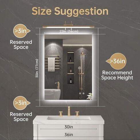 مرآة حمام بإضاءة خلفية مقاس 22 بوصة × 30 بوصة من LOVESPEJO، مرآة حمام مضاءة مع أضواء، بدون ضباب، قابلة للتعتيم، 3 ألوان متغيرة، مقاومة للكسر، أفقية/عمودية (بدون مستشعر حركة) in Kuwait