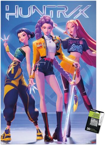 Netflix KPop Demon Hunters (2025) - ملصق حائط لمجموعة Huntrix Hero مع دبابيس دفع، 34 طول × 22.4 عرض، حزمة ملصق ودبابيس دفع in Kuwait