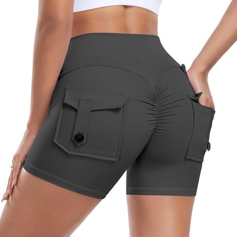 شورت يوجا عالي الخصر للنساء، سروال رياضي للجري للتحكم في البطن مع جيبين خلفيين، شورت للتمرين سريع الجفاف in Saudi Arabia