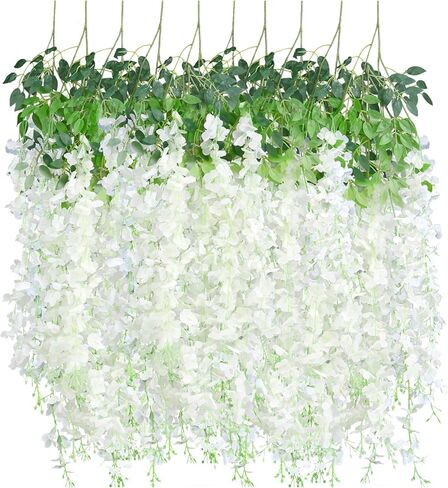 Tikroom 10 Pack Artificial Wisteria Hanging Flowers 3.6 Feet/Piece White Dense Fake Wisteria Vine Ratta Hanging Garland Silk Flowers String for Home Wedding Arch Wall Party Garden Decor in Saudi Arabia