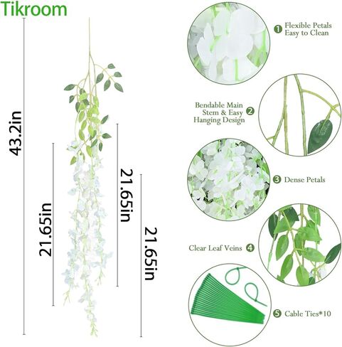 Tikroom 10 Pack Artificial Wisteria Hanging Flowers 3.6 Feet/Piece White Dense Fake Wisteria Vine Ratta Hanging Garland Silk Flowers String for Home Wedding Arch Wall Party Garden Decor in Saudi Arabia