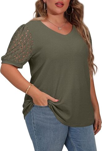 OLRIK Plus Size Tops for Women Summer Blouse Waffle Knit Short Lace Sleeve Shirts in Saudi Arabia