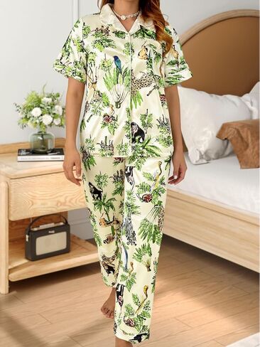 Short Sleeve Satin Pajama Set for Women Button Down Pajamas Cute Pink Loungewear in Saudi Arabia