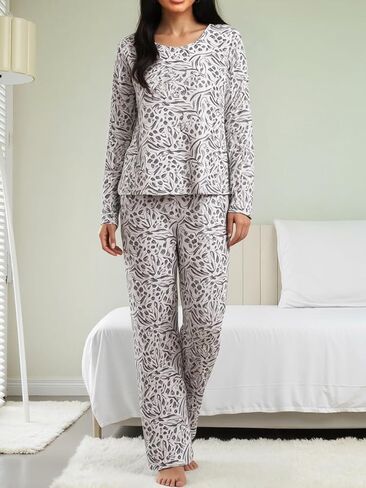 Women's Pajama Set, Round Neck Long Sleeve Top and Pants, Soft Floral Printed Sleepwear, 2-Piece Loungewear Pjs Set in Saudi Arabia