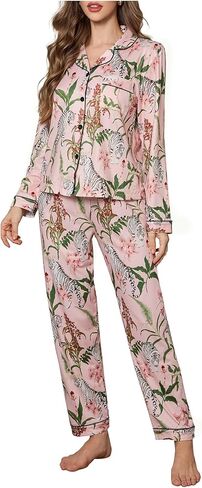 WDIRARA Women's Floral Tiger Print Pajama Set Long Sleeve Button Down Lounge Pants Sets in Saudi Arabia