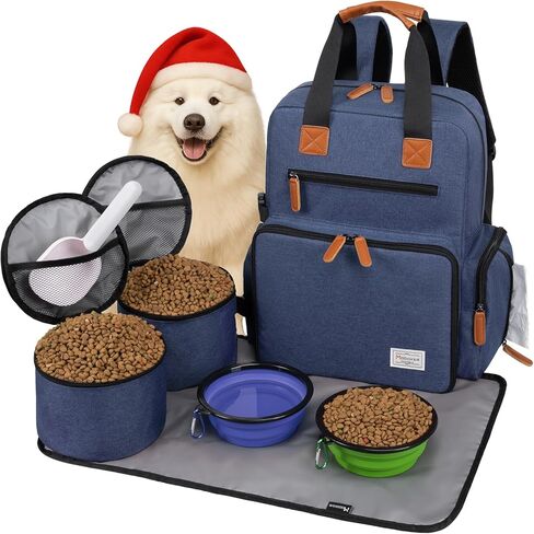 Modoker Dog Travel Bag, Airline Approved Backpack for Pet Accessories Organizer, Tote Weekend Bag with 2 Dog Food Storage Containers, 2 Collapsible Dog Bowls, 1 Pet Mat, Black in Kuwait