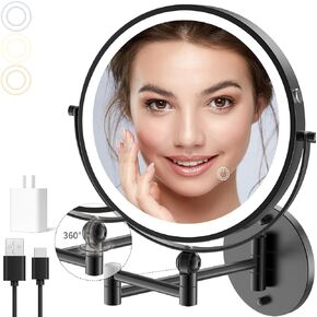 9" Wall Mounted Makeup Mirror with Lights, 4000mAh Rechargeable 1X/10X Wall Mounted Magnifying Mirror for Bathroom, 3 Color Lighting,Touch Screen Dimming,Extended Arm 360 Rotation Wall Mount Mirror C in Saudi Arabia