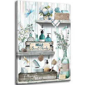 Farmhouse Bathroom Canvas Wall Art blue Green Rustic Dragonfly And Flower Wall Decor Pictures Bathroom Please Seat Yourself Sign Poster Prints for Toilet Home Decoration 12x16in Ready to Hang in Saudi Arabia