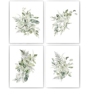 JWVK ألوان مائية حكيم أخضر الأوكالبتوس النباتية جدار الفن يطبع مجموعة من 4، بوهو الخضرة أوراق النبات ملصقات العمل الفني جدار ديكور للمنزل الحمام مكتب سبا، 8x10 غير المؤطرة in Kuwait