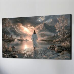 UZMKM Jesus Walking on Water Wall Art, Framed Christian Painting, Spiritual Religious Canvas Prints for Living Room, Bedroom, Prayer Room Decoration, Wrapped Canvas Picture Poster Artwork 24×48 Inch in Saudi Arabia