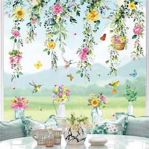 Whaline 8 Sheets Spring Hanging Floral Window Cling Stickers Eucalyptus Flower Vine Windows Decals Watercolor Reusable Window Decoration for Party Home Classroom in Saudi Arabia
