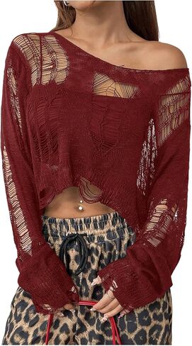 WDIRARA Women's Sheer Ripped Distressed Knit Top Long Sleeve See Through Crop Top in Saudi Arabia