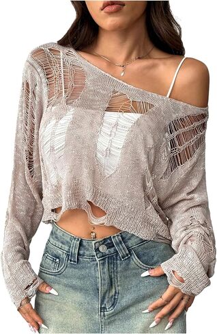 WDIRARA Women's Sheer Ripped Distressed Knit Top Long Sleeve See Through Crop Top in Saudi Arabia