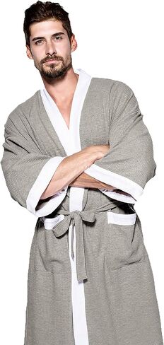 رداء كيمونو رجالي من Qubskry مصنوع من القطن والوافل سبا حمام خفيف الوزن ناعم بطول الركبة مع جيوب in Kuwait