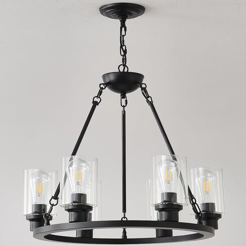 JTYKHNM 6-Light Black Wagon Wheel Chandelier, Modern Farmhouse Glass Lighting Fixture 24“ Round Industrial Hanging Pendant Light for Living Room, Dining Room, Kitchen Island, Entryway, Foyer in Kuwait
