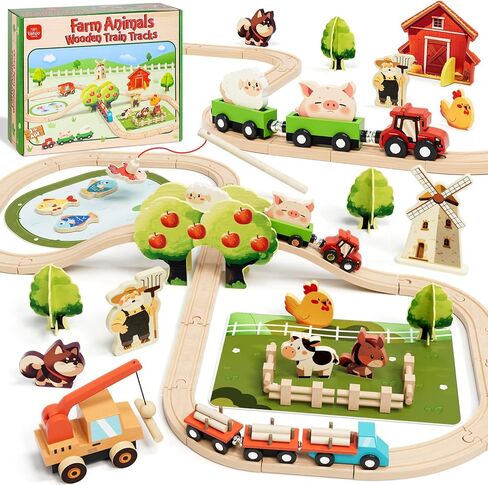 Lehoo Castle Wooden Train Set, Dinosaur Wooden Train Track Set, Wood Toy Train Set for Toddlers 2-4, Train Toys for Toddlers 3-5, Fits Thomas, Fits Brio, Fits Melissa and Doug in Kuwait
