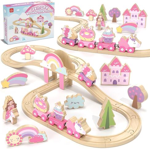 Lehoo Castle Wooden Train Set, Dinosaur Wooden Train Track Set, Wood Toy Train Set for Toddlers 2-4, Train Toys for Toddlers 3-5, Fits Thomas, Fits Brio, Fits Melissa and Doug in Kuwait