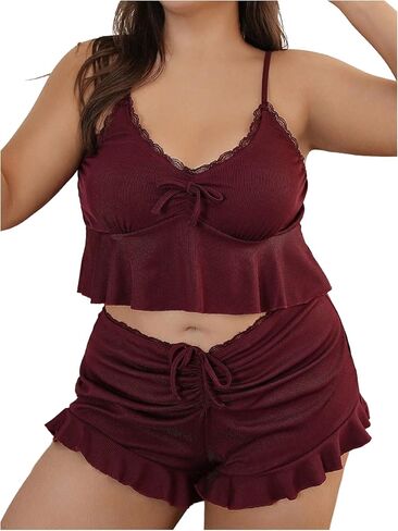 SHENHE Women's Plus Size Pajamas Set 2 Peice Lace Babydoll Top and Ruffle Shorts Set Pjs Sleepwear in Saudi Arabia