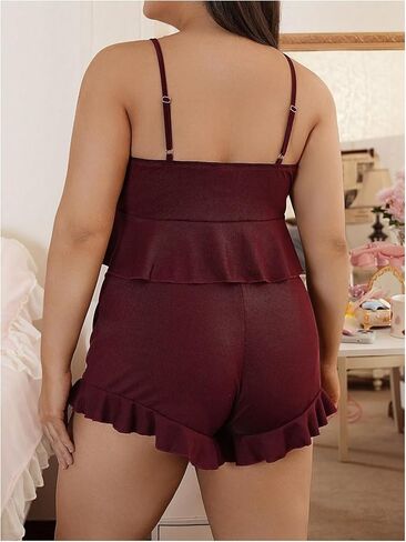 SHENHE Women's Plus Size Pajamas Set 2 Peice Lace Babydoll Top and Ruffle Shorts Set Pjs Sleepwear in Saudi Arabia
