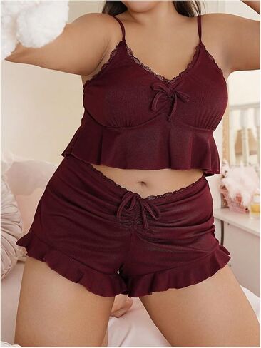 SHENHE Women's Plus Size Pajamas Set 2 Peice Lace Babydoll Top and Ruffle Shorts Set Pjs Sleepwear in Saudi Arabia