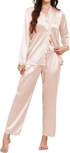 طقم بيجامات حريرية للسيدات من TeJoyce بأزرار سفلية مكونة من قطعتين من الساتان Pjs وأكمام طويلة وسروال من الدانتيل طقم ملابس نوم للاستراحة in Kuwait