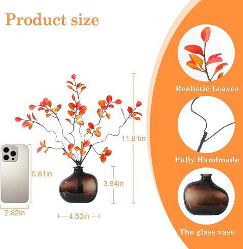 GAUIOGI 21" 6Pcs Artificial Ficus Branches Faux Stems with Vase, Decorative Bendable Realistic Stems with Vase, Fake Spray Branch Greenery Twig Plants for Home Office Wedding Table Decoration(Orange) in Saudi Arabia