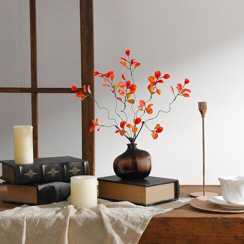 GAUIOGI 21" 6Pcs Artificial Ficus Branches Faux Stems with Vase, Decorative Bendable Realistic Stems with Vase, Fake Spray Branch Greenery Twig Plants for Home Office Wedding Table Decoration(Orange) in Saudi Arabia