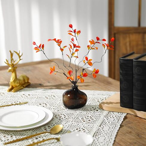 GAUIOGI 21" 6Pcs Artificial Ficus Branches Faux Stems with Vase, Decorative Bendable Realistic Stems with Vase, Fake Spray Branch Greenery Twig Plants for Home Office Wedding Table Decoration(Orange) in Saudi Arabia