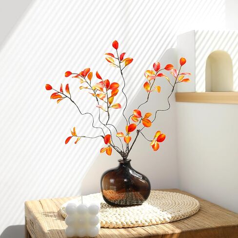 GAUIOGI 21" 6Pcs Artificial Ficus Branches Faux Stems with Vase, Decorative Bendable Realistic Stems with Vase, Fake Spray Branch Greenery Twig Plants for Home Office Wedding Table Decoration(Orange) in Saudi Arabia