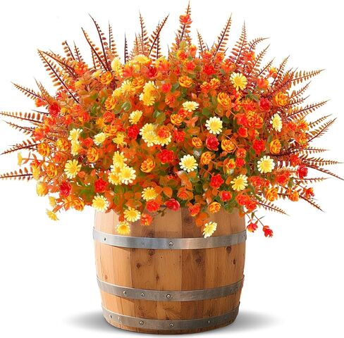 TURNMEON 12 Bundles Artificial Fall Flowers for Outdoors Fall Thanksgiving Decorations,UV Resistant Fake Mums Faux Fall Plants Plastic Orange Boston Fern Eucalyptus Home Gardens Porch Autumn Decor in Saudi Arabia