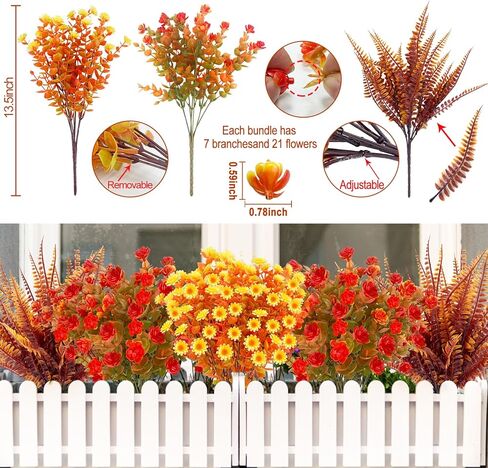 TURNMEON 12 Bundles Artificial Fall Flowers for Outdoors Fall Thanksgiving Decorations,UV Resistant Fake Mums Faux Fall Plants Plastic Orange Boston Fern Eucalyptus Home Gardens Porch Autumn Decor in Saudi Arabia
